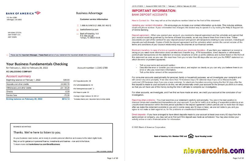 USA Bank of America bank statement, Word and PDF, 10 pages